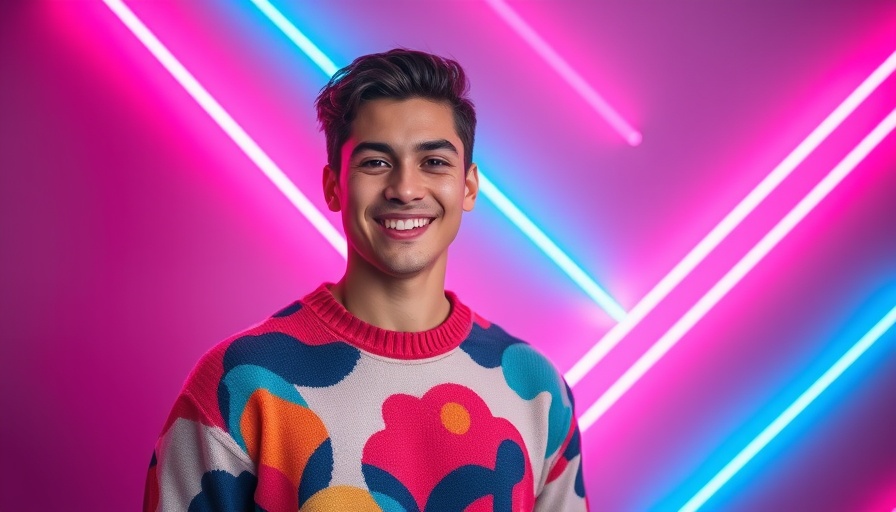 Smiling young man in colorful sweater with neon backdrop.