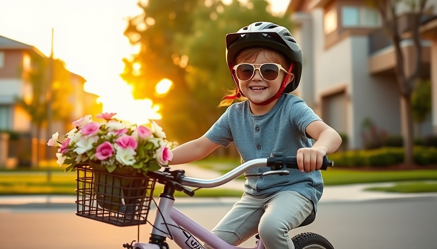 Young child on bicycle with flowers, Etihad Cargo logo, suburban sunset.