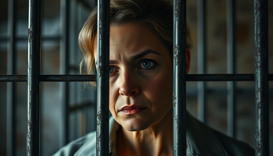 Zarema Museva looks through prison bars in a solemn expression.