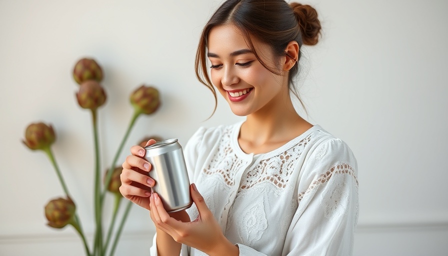 Smiling woman with a can against minimalist decor, real estate theme.