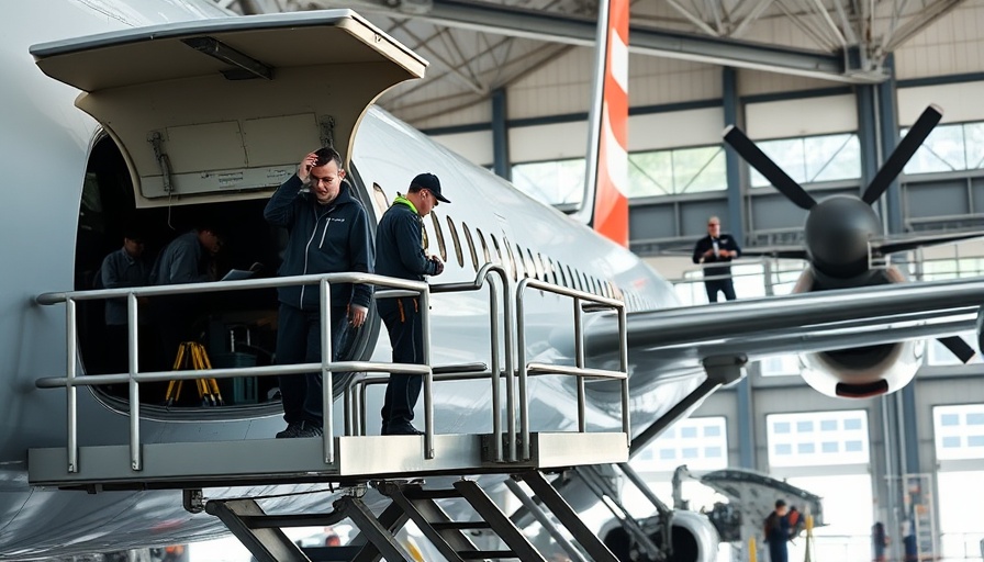 Maintenance workers on aircraft using variable height maintenance access platform.
