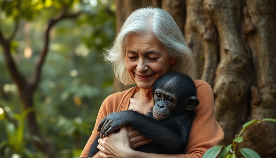 Jane Goodall legacy depicted with a woman caring for a chimpanzee in a forest.