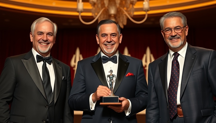 FPL Media EDGE Awards ceremony with three men holding an award.