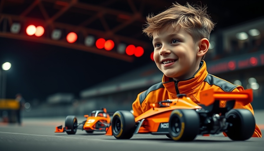 AI-powered racetrack design featuring miniature race car and smiling observer.