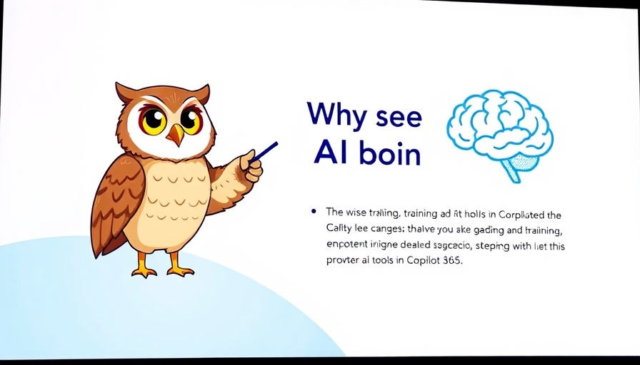 Slide on AI tools for Copilot 365 featuring owl and AI brain icon.