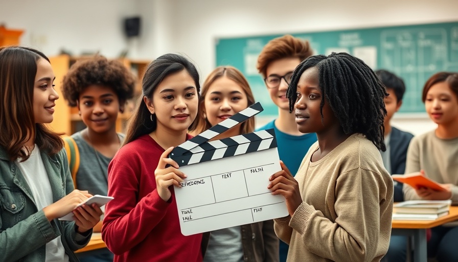 Students engaged in filmmaking in education, holding a clapperboard.
