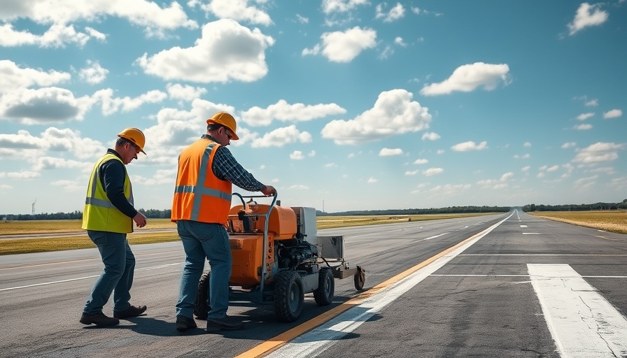 Airport runway upgrade with workers operating a marking machine in Grand Canyon National Park.