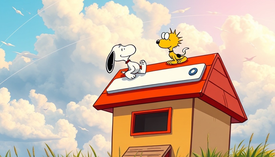 AI Video Creation for Kids Peanuts, featuring Snoopy and Woodstock on a doghouse.