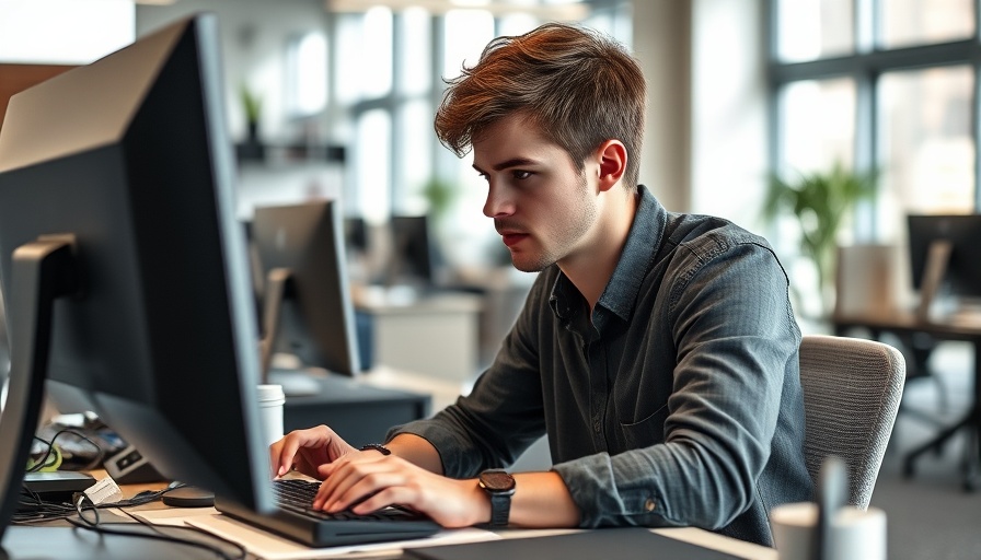 Engaged man working on computer in modern office setting.