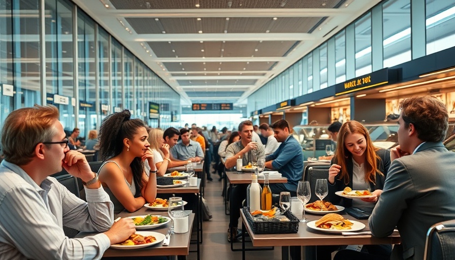 Modern airport dining area with travelers enjoying meals.