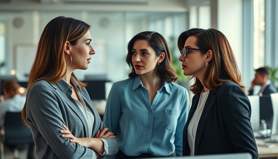 Two women gossiping in office setting, discussing while colleague works; workplace gossip effects.