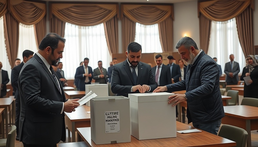 Syria post-Assad parliament election scene with officials and voters.