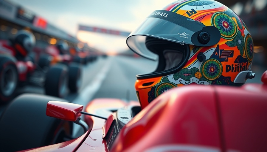 Vividly designed Formula 1 helmet, energetic photo with racing ambiance.