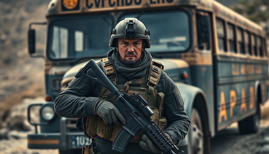 Heavily armed soldier stands in front of old bus in mountains.