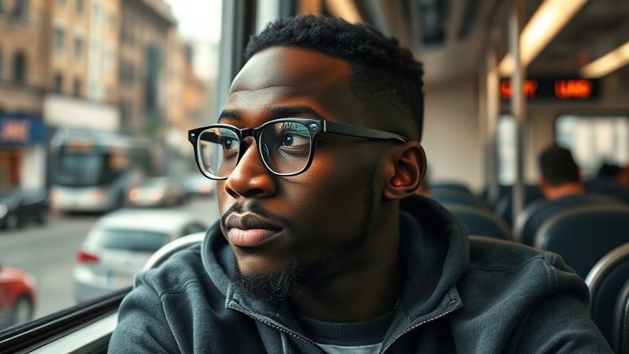 Young African man reflects on personal growth and life-changing decisions on public transport.