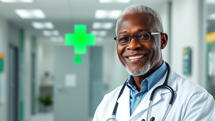 Elderly African male doctor promoting heart health awareness during cardiology appointments.