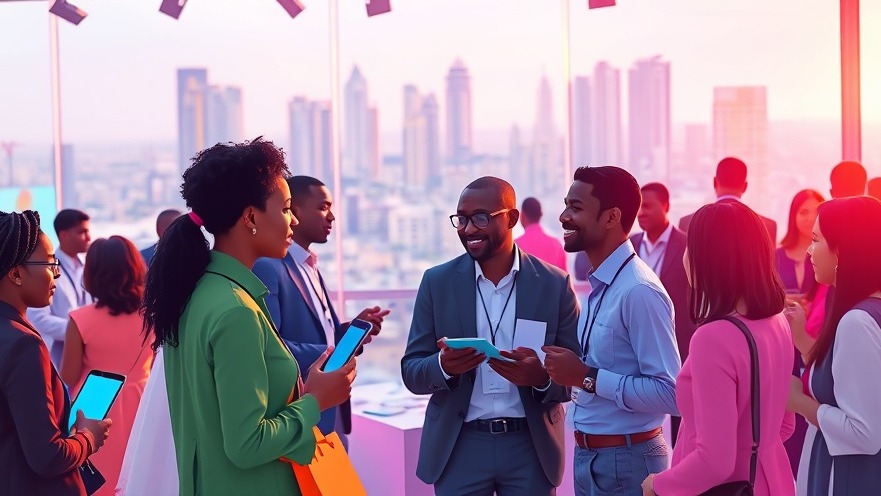 Diverse professionals collaborate at Innovate AI tech conference in vibrant Lagos skyline.