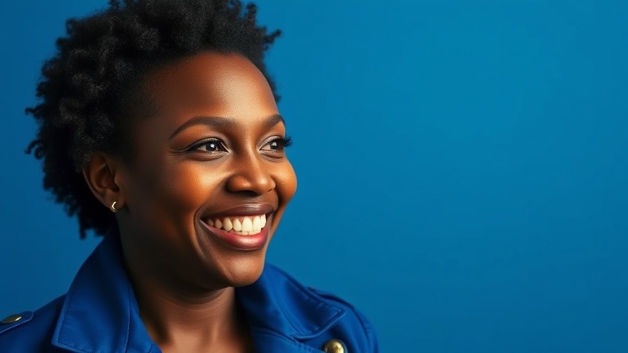 Smiling African woman in blue jacket showcasing creativity in technology.