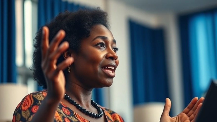 Confident African Indian woman speaks on AI education and inclusion in technology.