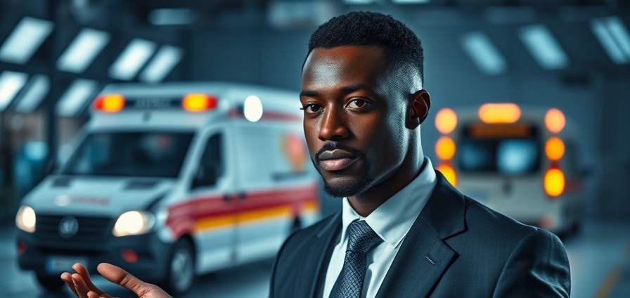 A professional in a suit discusses ambulance safety, with a blurred crash test scene in the background.
