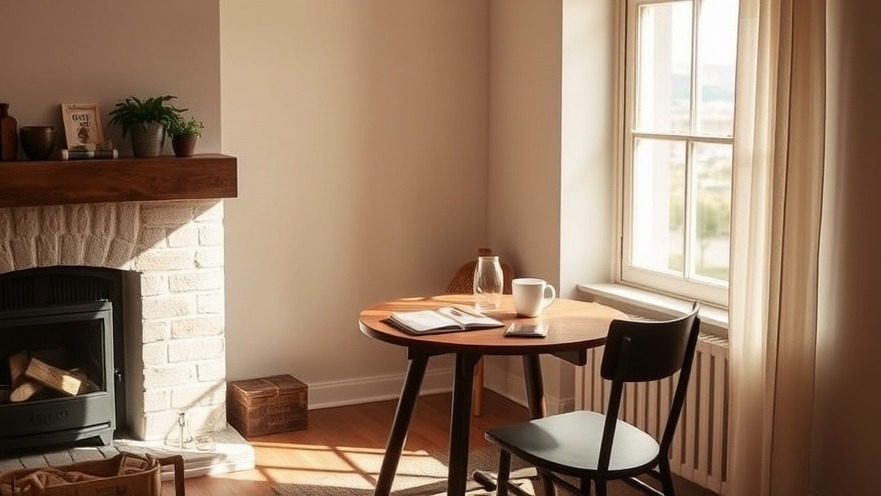 Cozy interior scene with warm tones, table and notebook by window.