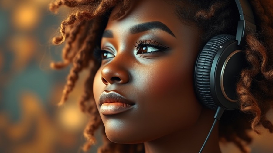 Vibrant African woman in headphones, embodying a Mood Station for relaxing music.