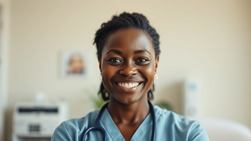 Smiling African nurse prepares for a Pap test in a cozy, warmly lit setting.