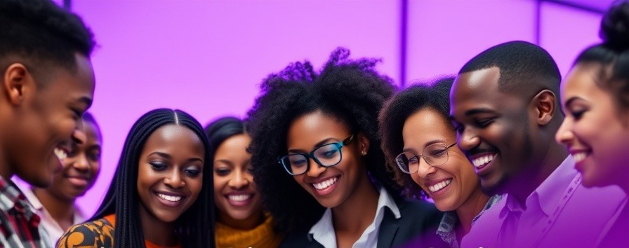 Diverse African tech experts discussing artificial intelligence cybersecurity at a vibrant digital conference.