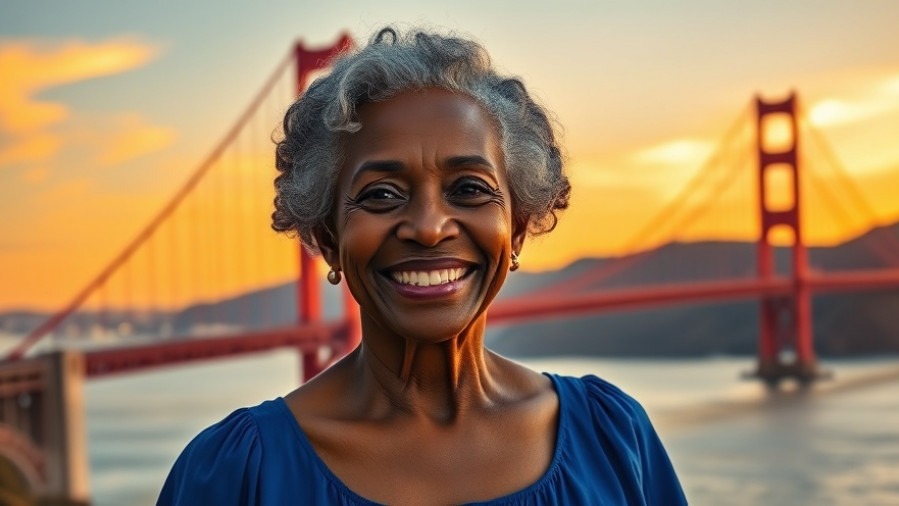 Elderly black woman in a blue dress smiles at sunset near the Golden Gate Bridge, representing the Black nurses network.