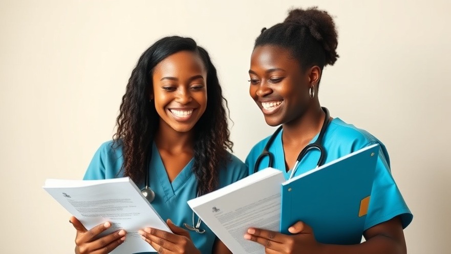 Cheerful African nursing student comparing grades, embodying humor in nursing education.