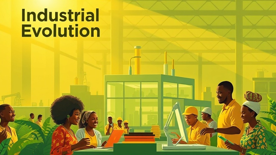 Innovative factory in Africa, showcasing industrial evolution with diverse workers in sunlight.