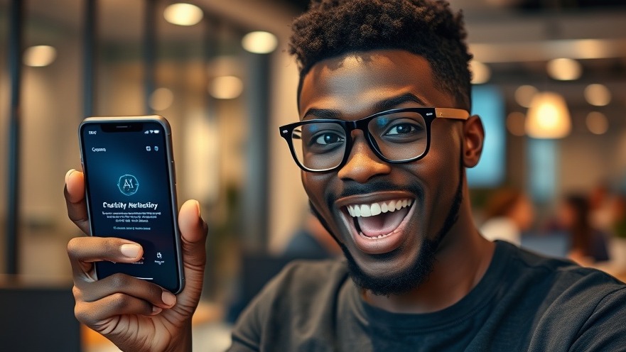 Young African man with glasses showing iPhone AI mobile tips in a modern office.