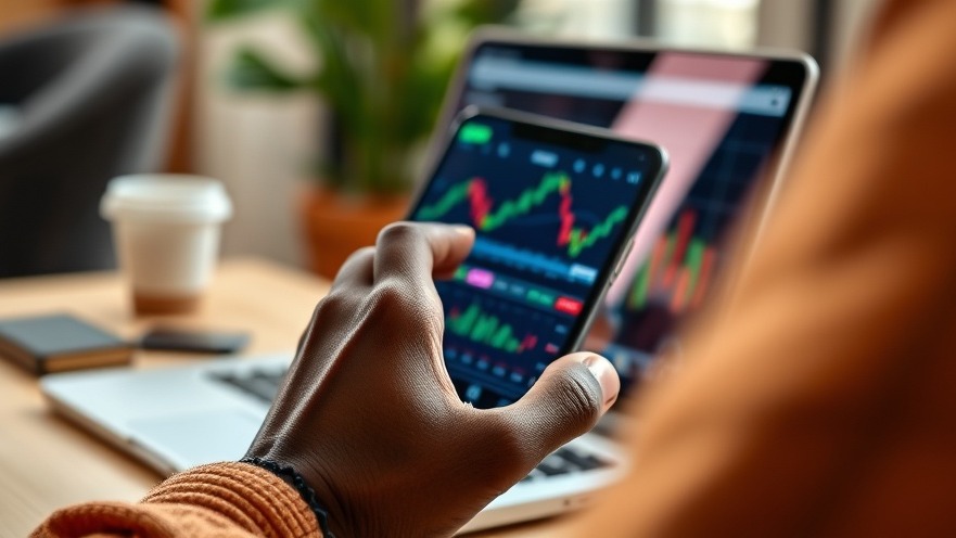 Close-up of African hand using smartphone with stock market graphs, showcasing Fintech Africa.