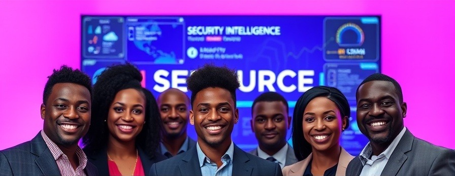 Diverse professionals in business casual attire discuss cybersecurity trends amid high-tech graphics.