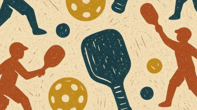 Vibrant pickleball court scene showcasing modern Nike-branded sports apparel and shoes, athletes engaged in lively doubles play, with cheering crowd and energetic motion on a sunny day.