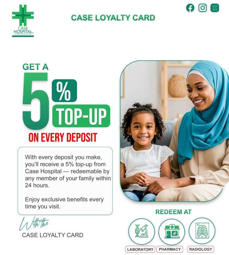 Case Hospital Patient Loyalty Rewards 5% top-up offer with a smiling woman and child.