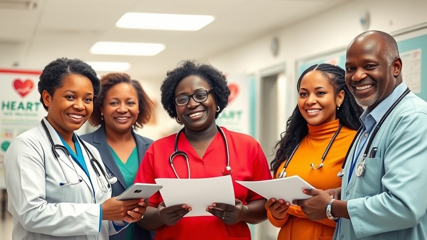 African healthcare team discussing heart disease awareness in a bright hospital setting.