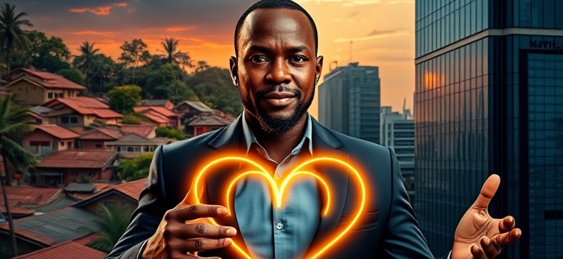 Dramatic split-screen of African village and modern cityscape with confident professional bridging both worlds.