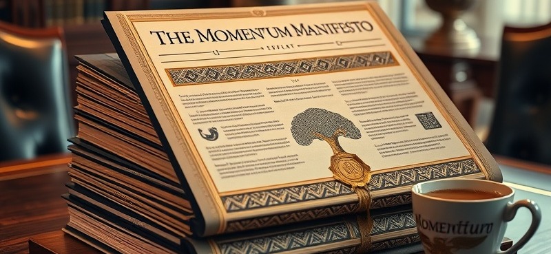 Elegant stack of premium newsletters titled 'The Momentum Manifesto' on a luxurious wooden desk
