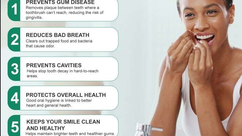 Smiling woman flossing teeth emphasizing the importance of flossing daily.