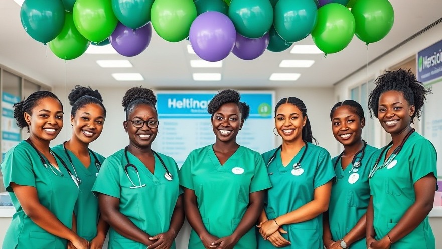 Five African nurses in green uniforms at a welcoming community health facility.