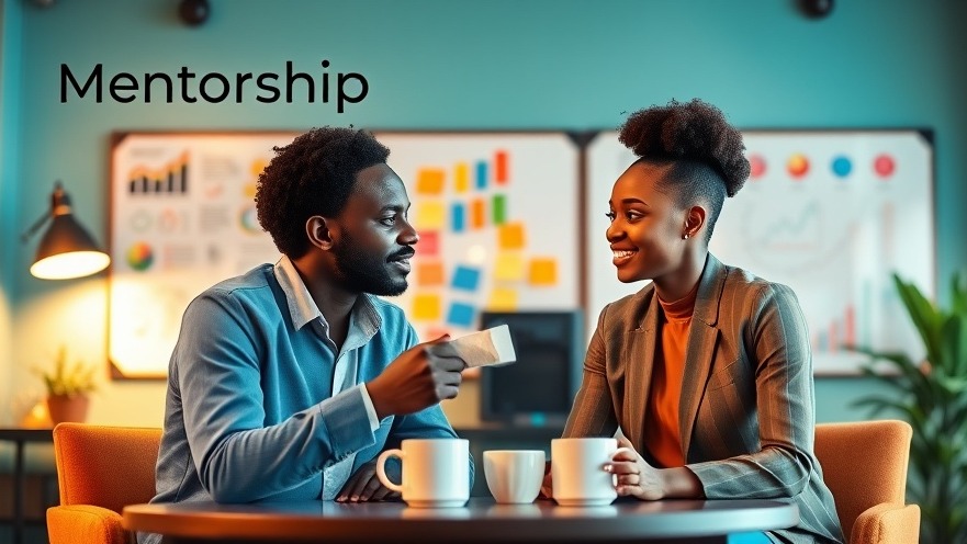 A warm scene of African mentor and mentee discussing ideas over coffee, symbolizing mentorship.