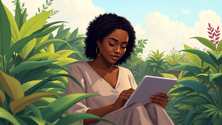 African young woman using a tablet in a serene garden, promoting patient empowerment for pelvic pain.