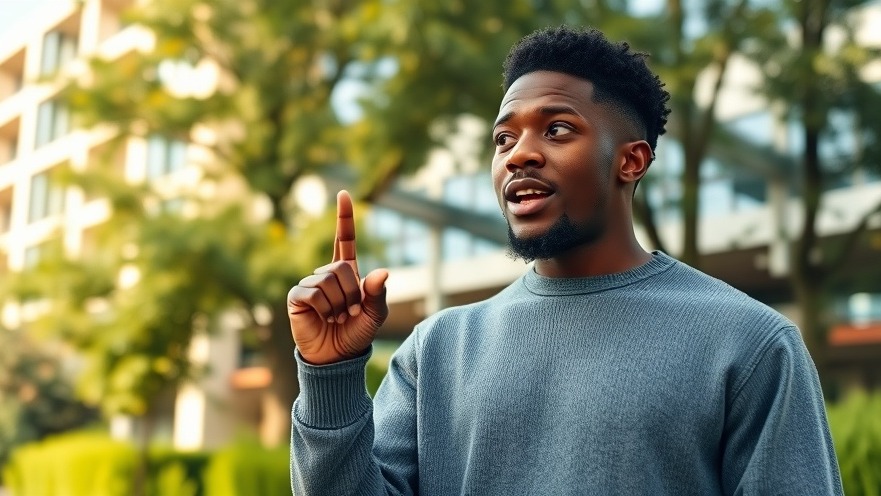 Young African filmmaker in a gray sweater gesturing outdoors, showcasing creative office spaces for video production.