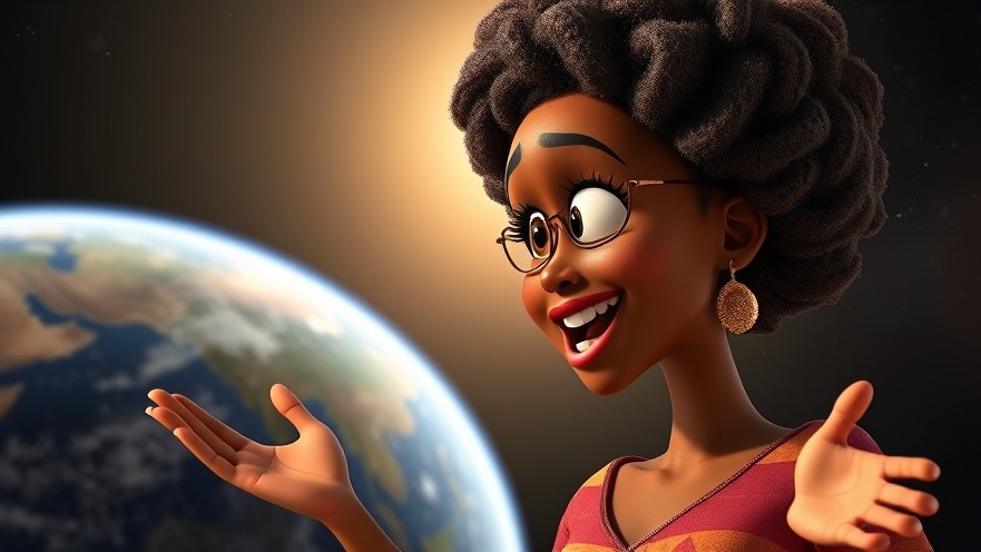 Animated African woman passionately presenting geology for Mars exploration with Earth in the background.