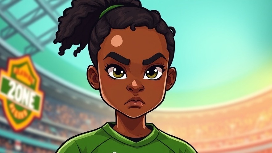 African girl gamer in a green jersey, showcasing gaming design opportunities in a vibrant cartoon style.