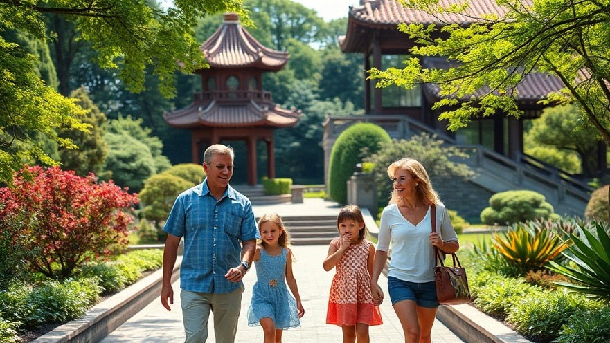 Family enjoying a summer walk in Snug Harbor's Chinese garden, perfect for Staten Island birthdays.