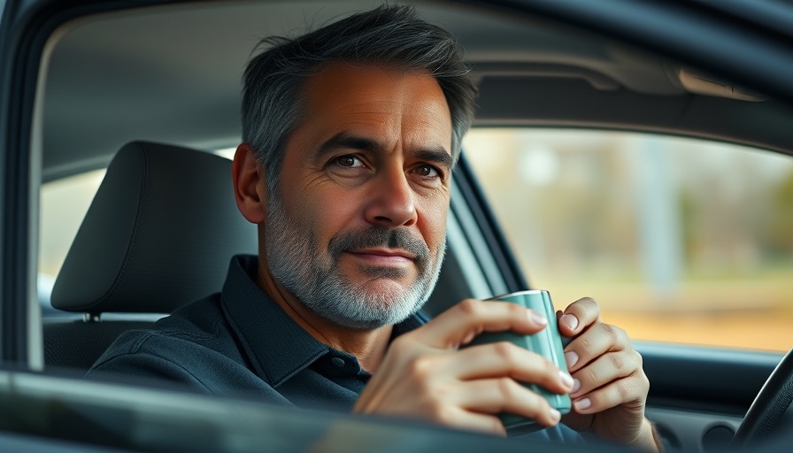 Casual man with coffee mug conveying calmness inside car, soft lighting.