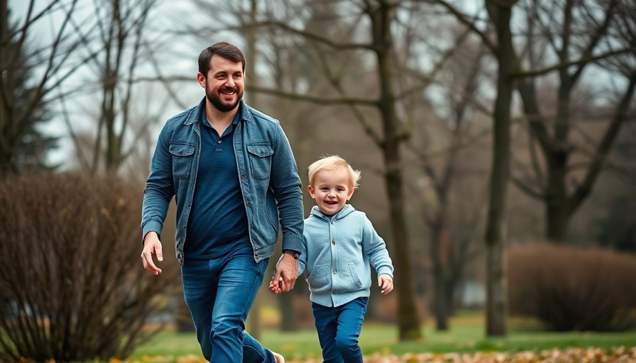 Dad style captured in joyful park walk with toddler.