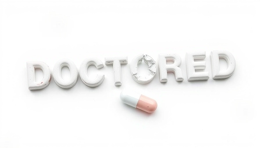 Pills forming the word 'Doctored' with one cracked, Alzheimer's research concept.